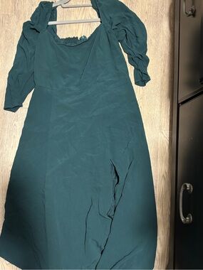 OAK + FORT Teal Long-Sleeve Puff Midi Dress